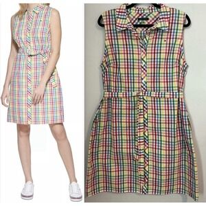 TOMMY HILFIGER Checked Button Down Sleeveless Tie Front Shirt Dress 14